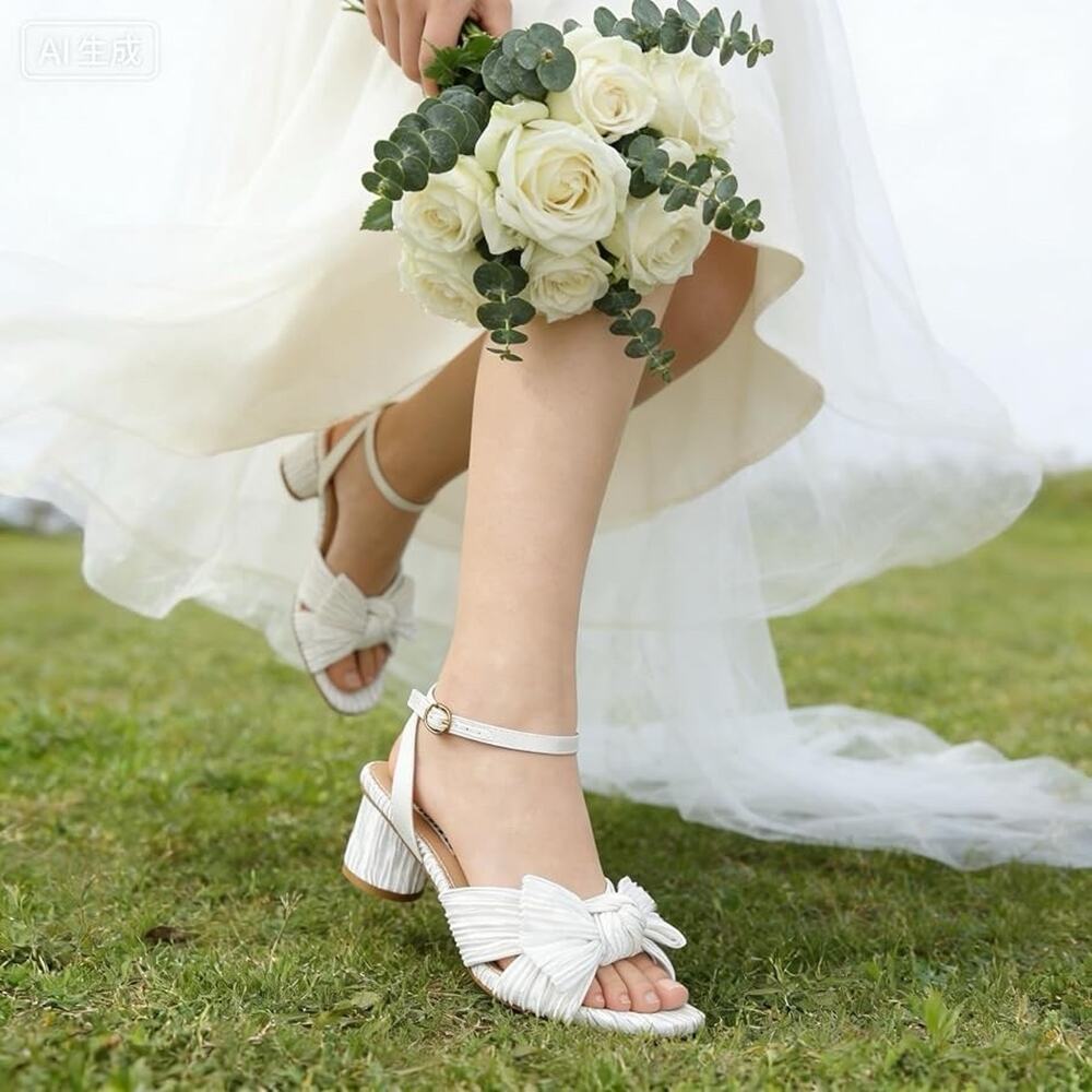 Zzheels Bow Heels White Strap Block 2” Sandal Wedding Bridal 9.5